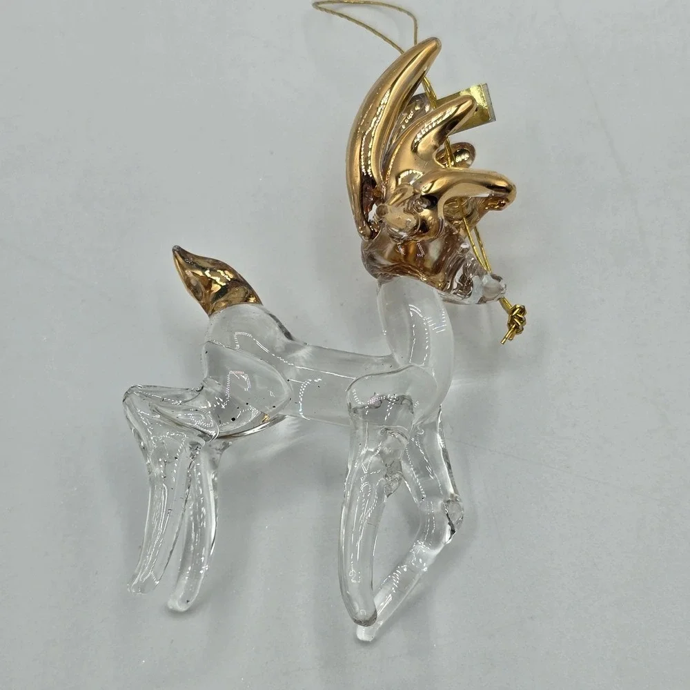 Vintage Spun Glass Reindeer Figure Ornament Painted Gold‎ Accents Deer Prancing